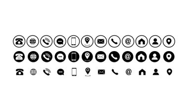 İletişim simgeleri seti ayarlandı. Telefon, cep telefonu, retro telefon, konum, posta ve web sitesi sembolleri uygulamalar, web, uygulama için izole edilmiş beyaz arka plan. EPS 10 vektörü