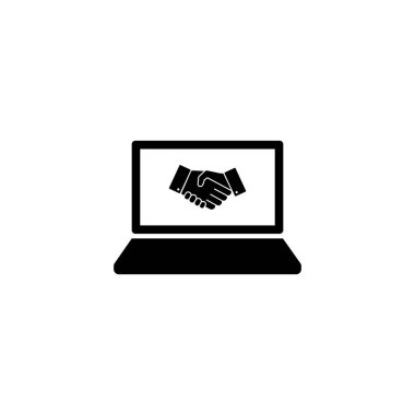 Laptop, masaüstü, el sıkışmalı bilgisayar simgesi, eller, izole bir arkaplanda siyah basit tasarım ortaklığı. EPS 10 vektörü