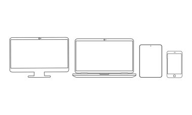 Yeni aygıt simgesi siyah akıllı telefon, laptop, izole beyaz arka planda bilgisayar monitörü. EPS 10 vektörü.
