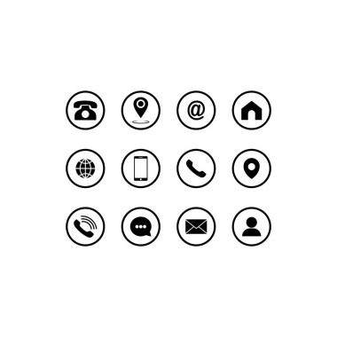 İletişim simgeleri modern düğmeyi ayarladı. Telefon, cep telefonu, uygulamalar için izole edilmiş arka plan, web, uygulama. EPS 10 vektörü