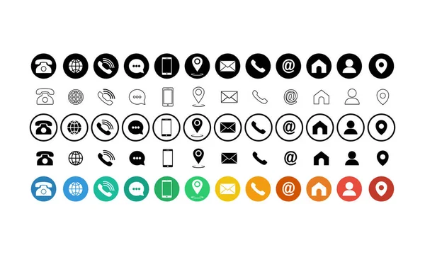 İletişim simgeleri seti ayarlandı. Telefon, cep telefonu, retro telefon, konum, posta ve web sitesi sembolleri uygulamalar, web, uygulama için izole edilmiş beyaz arka plan. EPS 10 vektörü.