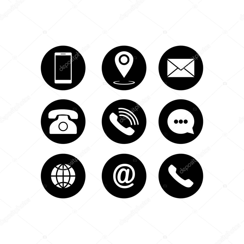 Set of communication icons set. Phone, mobile phone, retro phone, location, mail and web site symbols on isolated white background for applications, web, app. EPS 10 vector