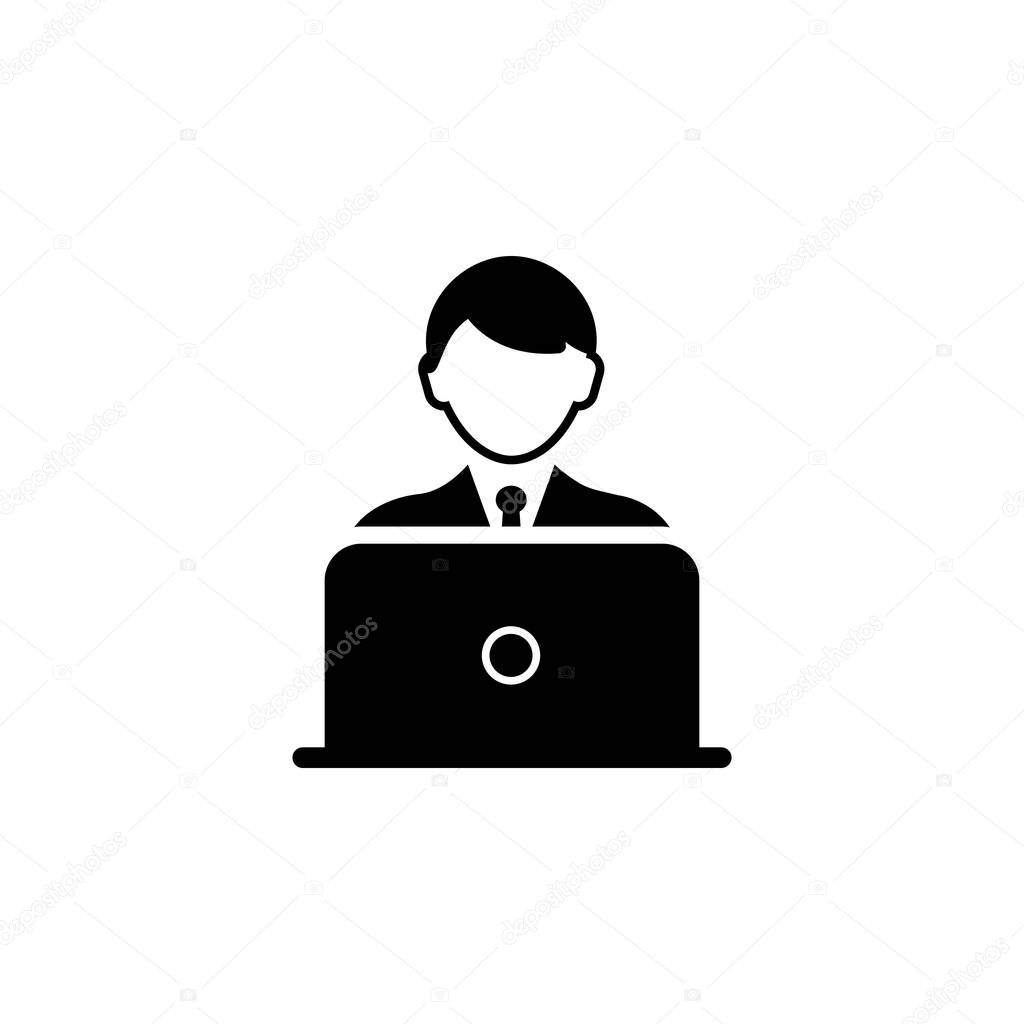Blogger with laptop icon in black simple design on an isolated background. EPS 10 vector.