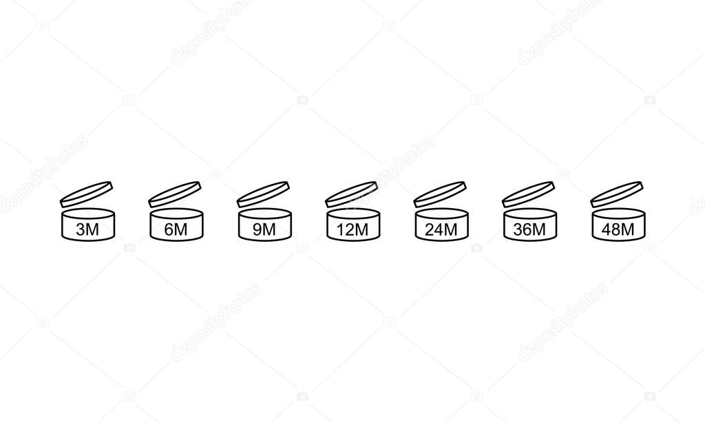 Cosmetic open monthly shelf life icon set. The period after opening on an isolated background. EPS 10 vector
