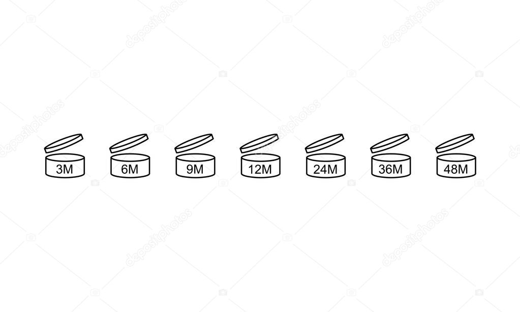 Cosmetic open monthly shelf life icon set. The period after opening on an isolated background. EPS 10 vector