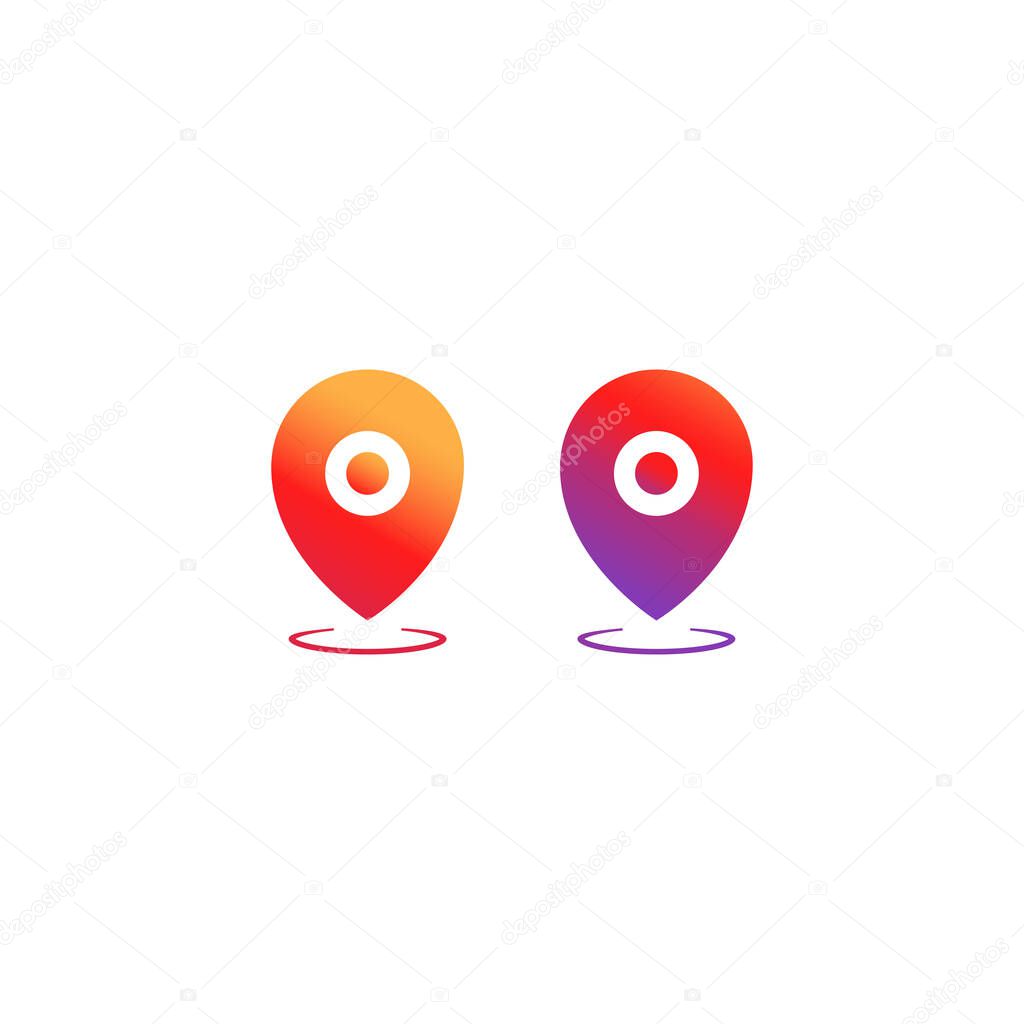 Geo pin, location icon in different colors or geolocation, gps, map pointer in social media instagram concept for applications, web, app. Isolated white background. EPS 10 vector