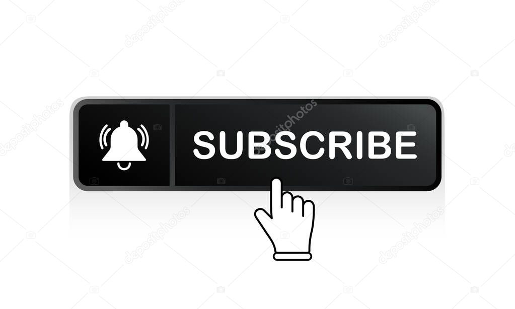 Black subscribe button with mouse pointer and notification bell icon flat in modern colour design concept on isolated white background. EPS 10 vector