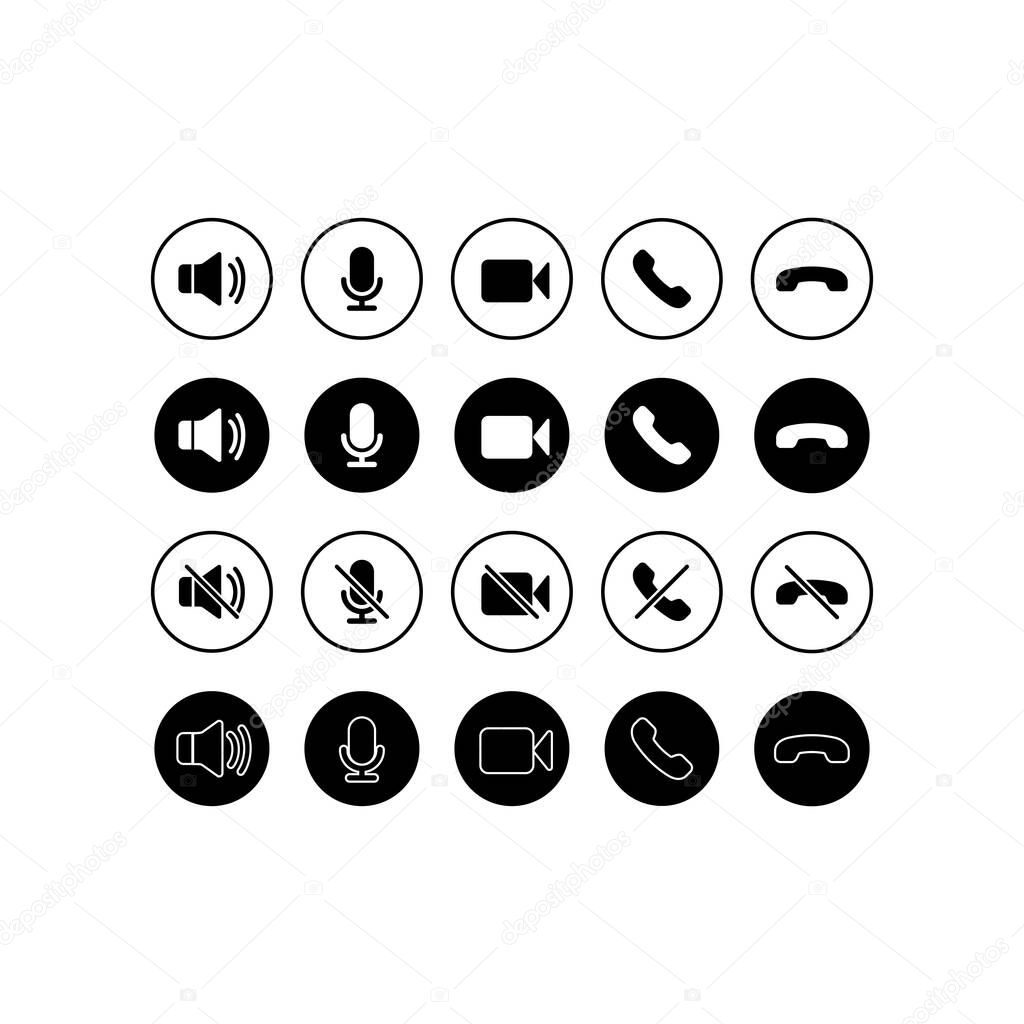Set of communication icons. Phone, sound, microphone, camera, call symbols on isolated white background for applications, web, app. EPS 10 vector.