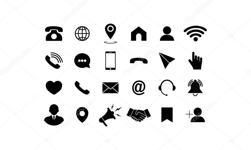 Set of communication icons. Phone, mobile phone, retro phone, location, mail and web site symbols on isolated background for applications, web, app. EPS 10 vector