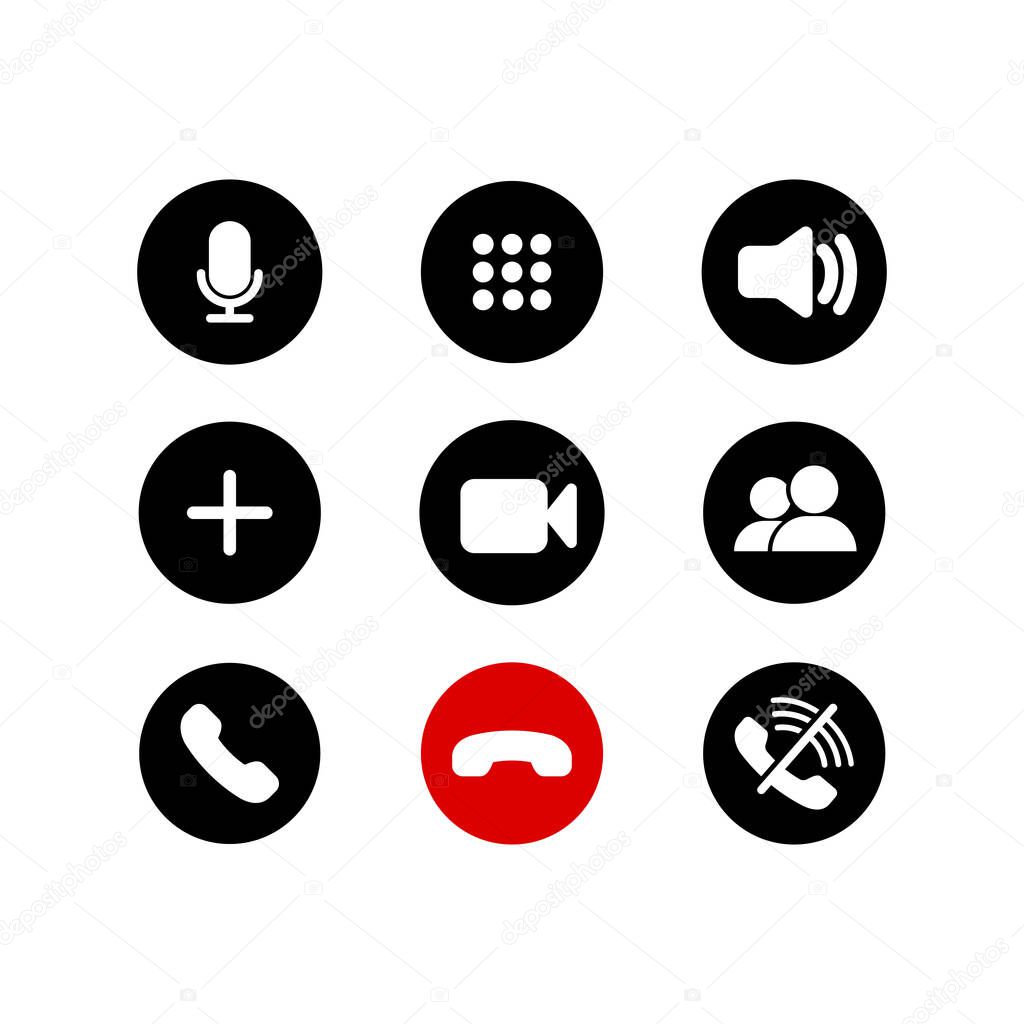 Mobile call buttons icons set flat. Phone, sound, microphone, camera, call symbols on isolated white background for applications, web, app. Set of communication icons. EPS 10 vector