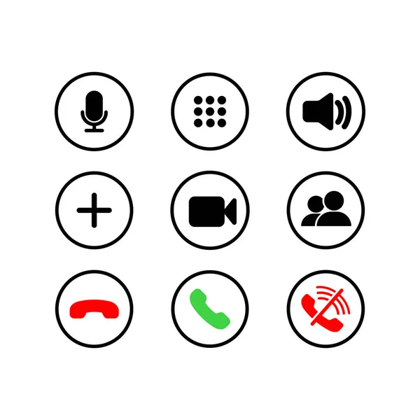 Icone Dei Pulsanti Chiamata Mobile Sono Piatte Telefono Suono Microfono — Vettoriale Stock