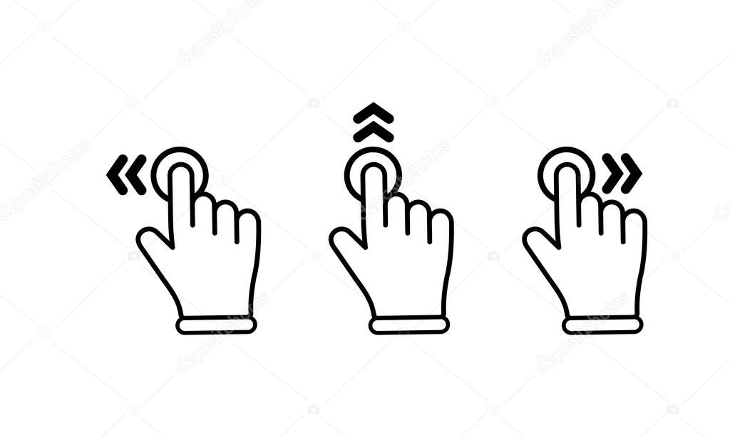 Swipe to left right up icon set. Finger touchscreen gestures on isolated white background. EPS 10 vector