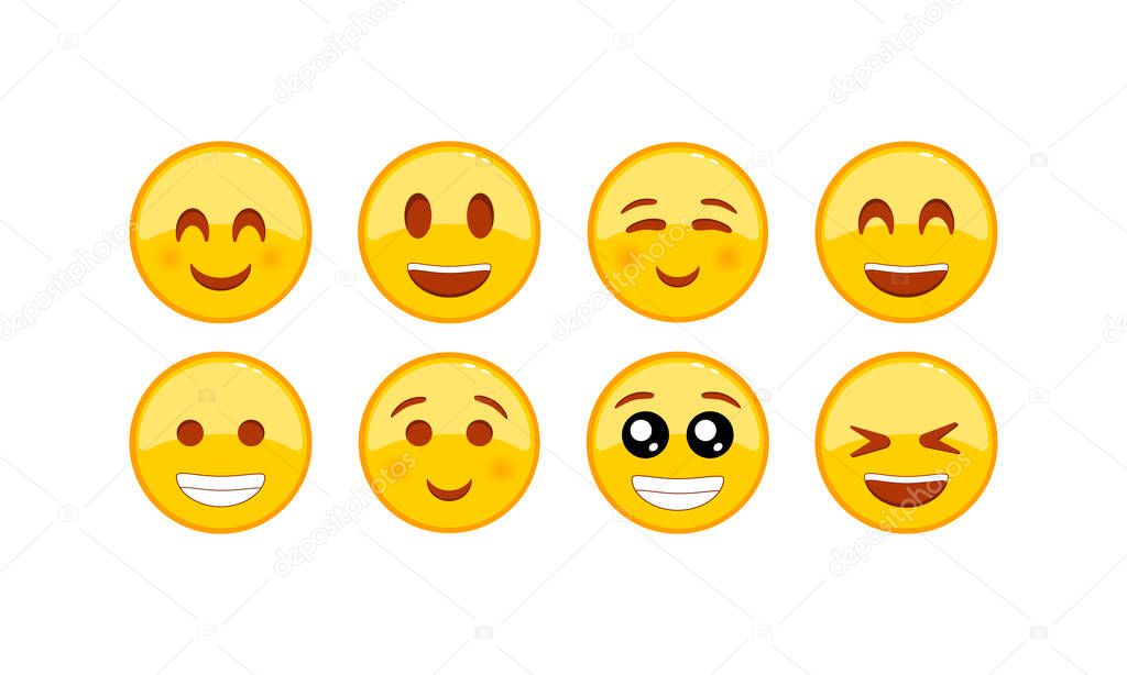 Funny, kind emoji icon set. Smiley, emoticons. Facial expression on isolated white background. EPS 10 vector.