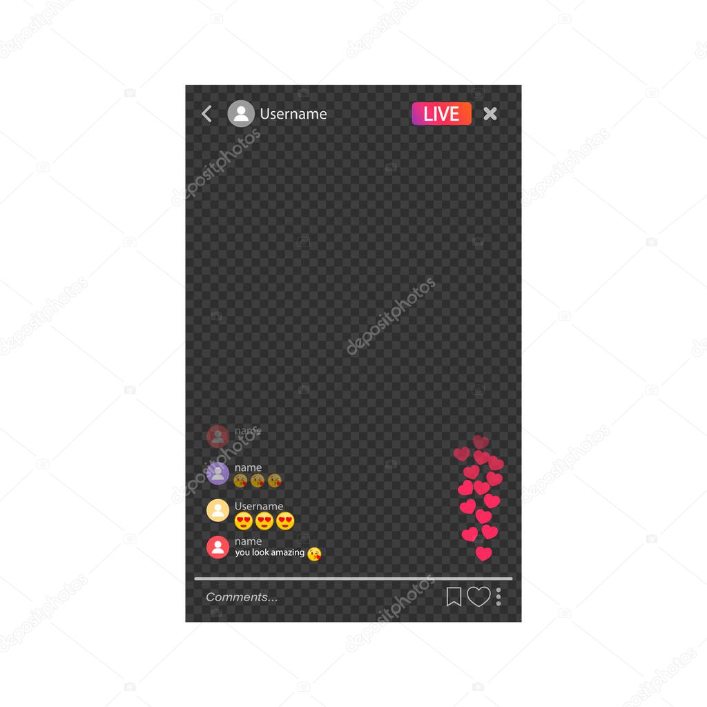 The mockup is live streaming. Streaming video with emoji. The template for the the social network. stream interface.