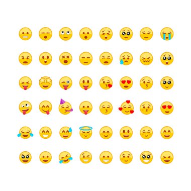 Duygusal, gülen ikon seti. İzole edilmiş beyaz arka planda yüz ifadesi. EPS 10 vektörü