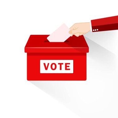 Oy sandığına kağıt koyuyorum. İzole edilmiş arka planda düz bir oylama konsepti. EPS 10 vektörü