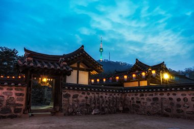 Namsangol hanok village with lanterns clipart
