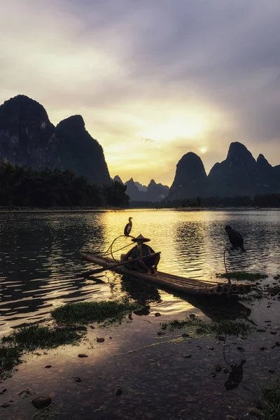 El pescador cormanto en el río li — Foto de Stock