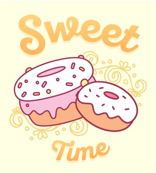 Vector illustration of cute two big donuts with flowers and word — Stock Vector