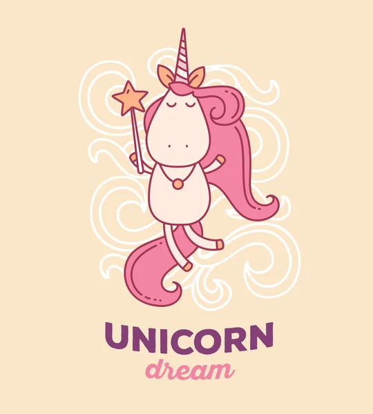 Vektor ilustrasi sihir lucu terbang unicorn dengan tanduk, merah muda - Stok Vektor