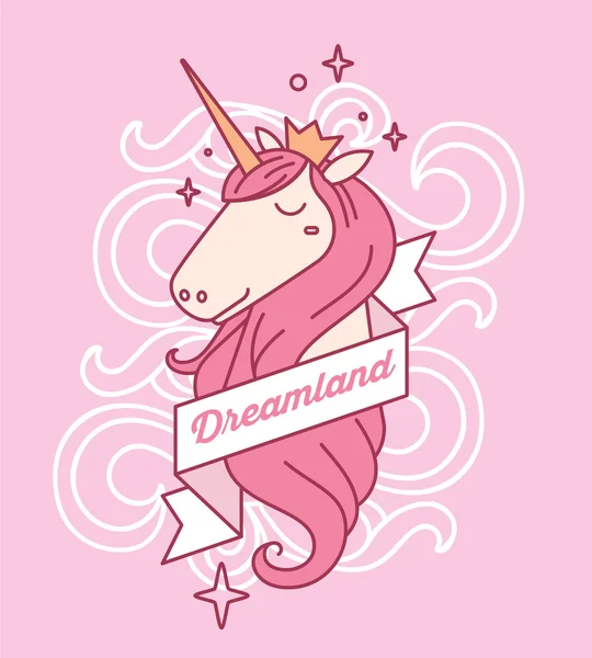 Illustrazione vettoriale di simpatica testa di unicorno magico con corno, rosa m — Vettoriale Stock