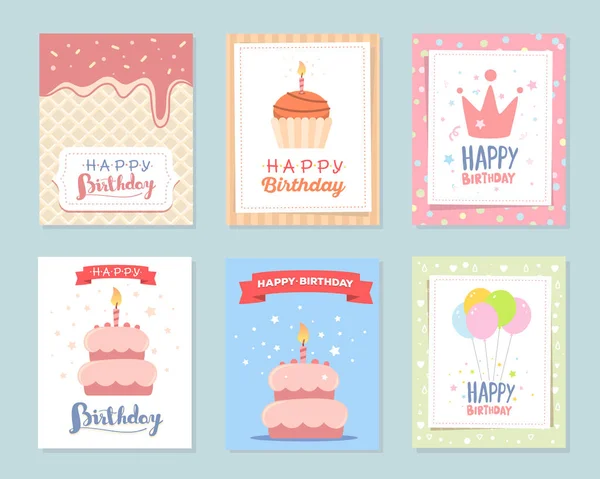 Vector set of colorful illustration. Happy birthday template pos — Stock Vector