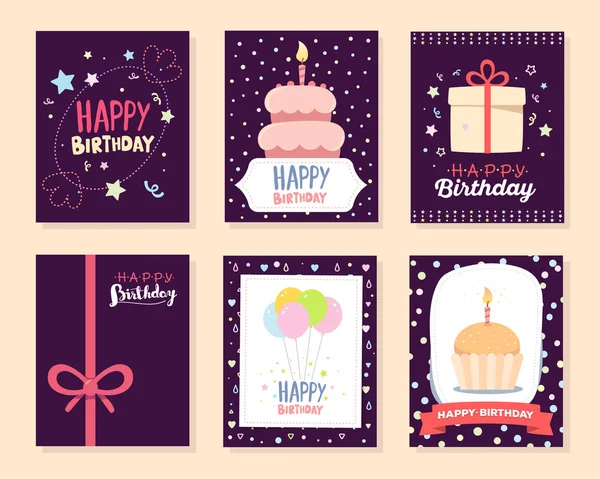 Vector set of colorful illustration. Happy birthday template pos — Stock Vector