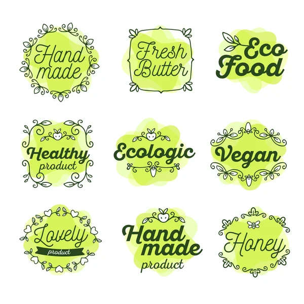 Ensemble vectoriel de badges éco aquarelle avec texte. Logo couleur verte — Image vectorielle