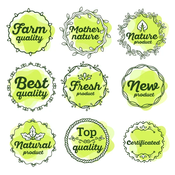 Vector set van eco aquarel badges met tekst op een witte pagina — Stockvector