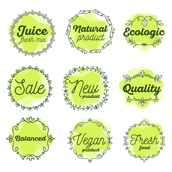 Vector set van eco aquarel badges met tekst op een witte pagina — Stockvector