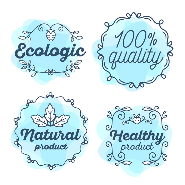 Conjunto vetorial de crachás ecológicos com texto. Logo azul aquarela modelo — Vetor de Stock