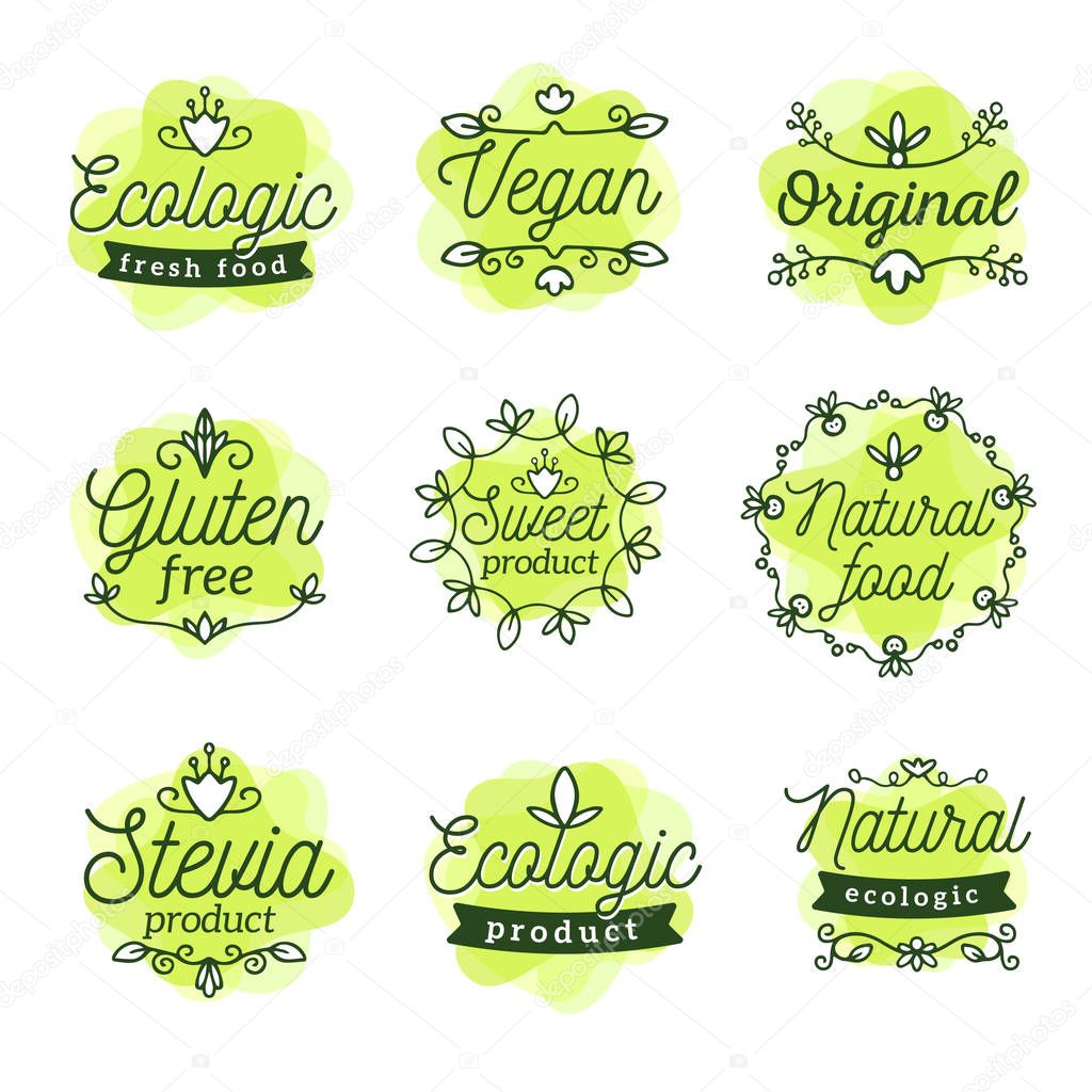 Vector set of eco watercolor badges with text. Logo green color 