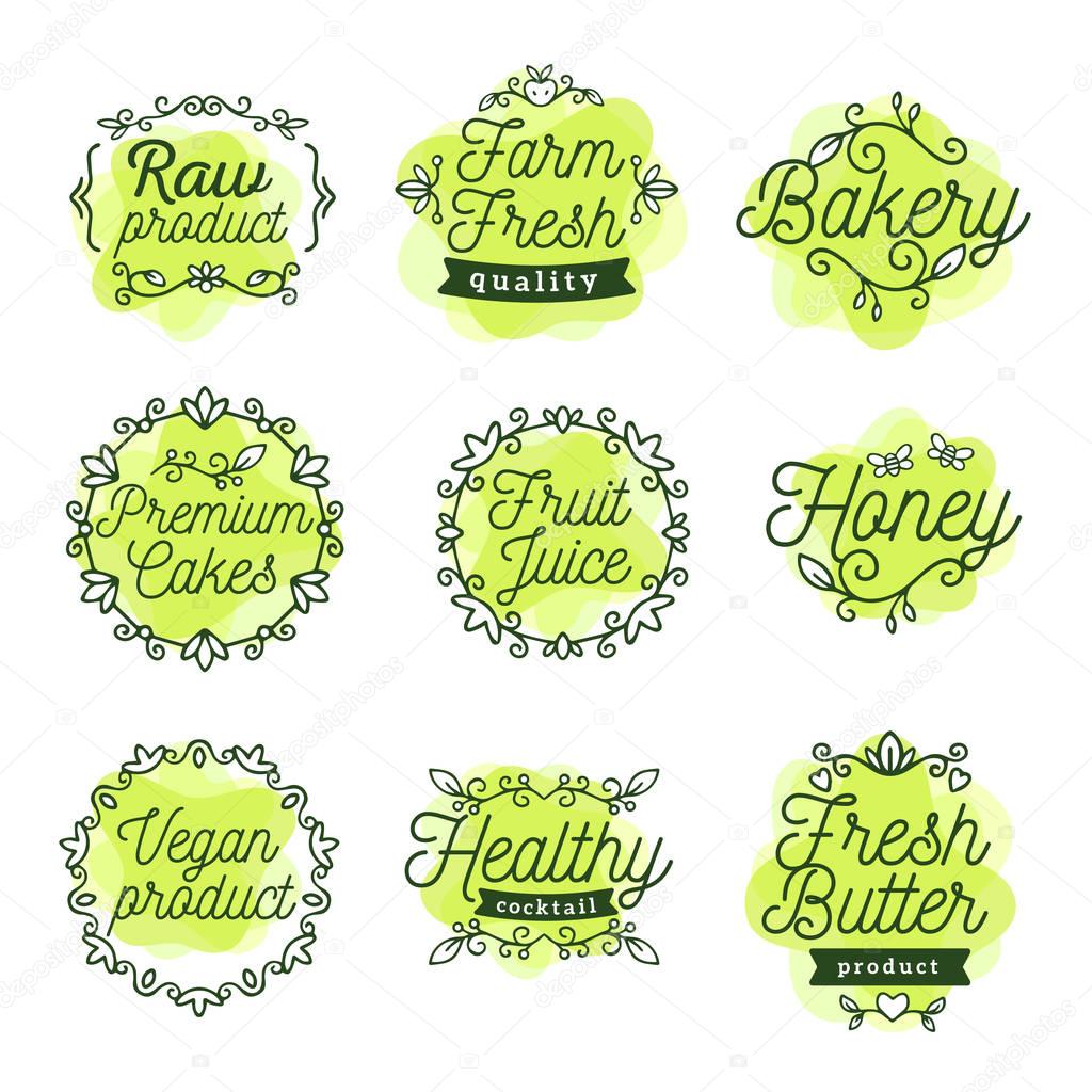 Vector set of eco watercolor badges with text on white backgroun