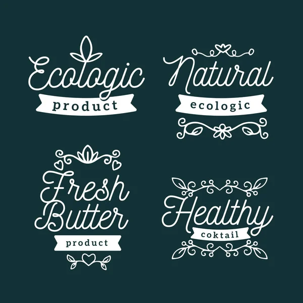 Conjunto vetorial de crachás ecológicos com texto branco. Modelos de logotipo com fl — Vetor de Stock