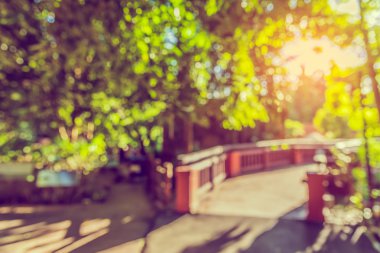 Arkaplan kullanımı için yeşil bahçeye giden boş yürüyüş yolunun soyut bulanık görüntüsü. (Klasik ton))