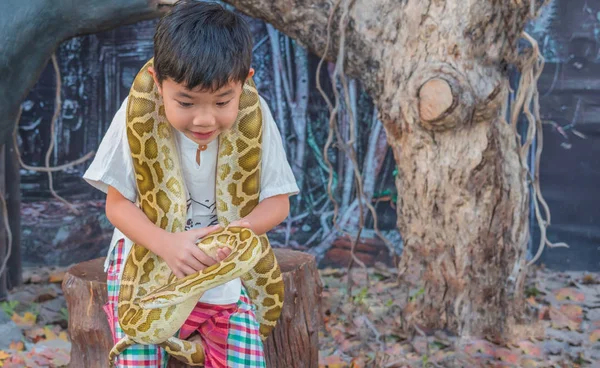 Chłopiec azjatyckich przytrzymaj Wąż Boa constrictor . — Zdjęcie stockowe