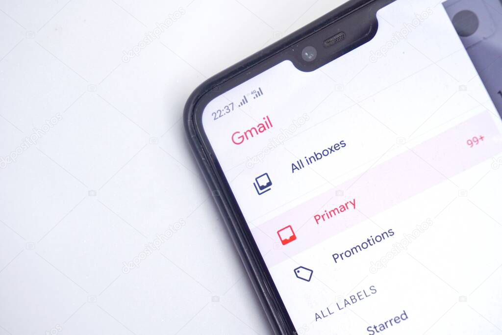 Close up of gmail app screen on a smartphone screen.