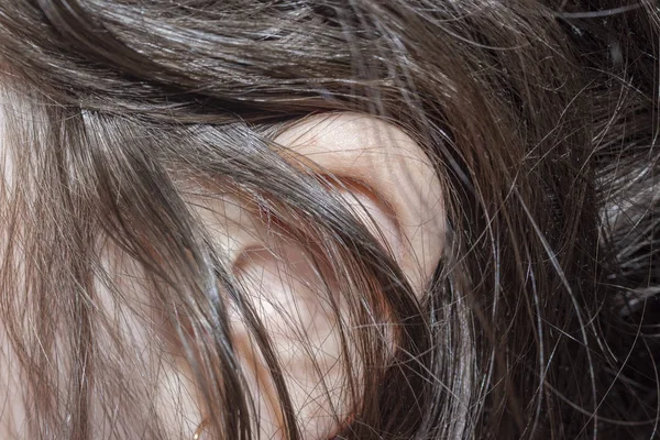 Αυτί Του Κοριτσιού Κρυμμένο Από Ανακατεμένα Μαλλιά — Φωτογραφία Αρχείου