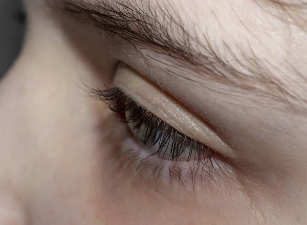 Das Blaue Auge Eines Mädchens Fotografiert Mit Einer Makrolinse Stockbild