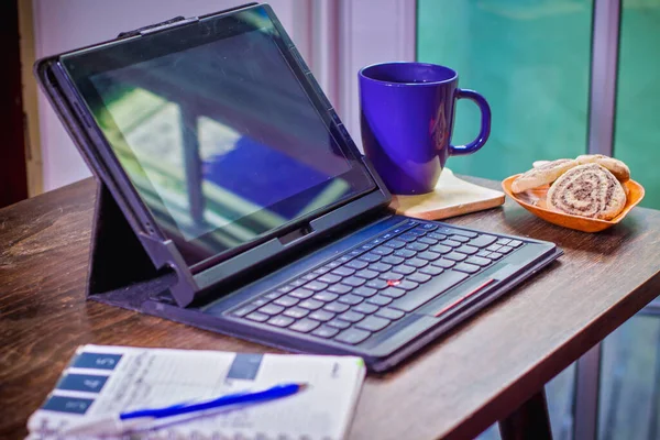 Laptop Table Homeoffice Closeup — Stock Photo, Image