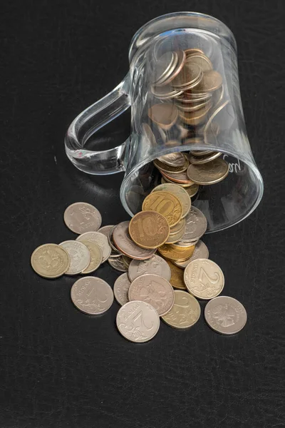 Trifle Russian Coins Pouring Glass Jar Black Background Concept Low — Stock Photo, Image