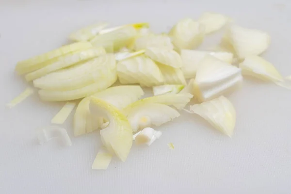 Fresh Onion Cut Small Cubes Ready Eat Cooking White Background — Stock Photo, Image