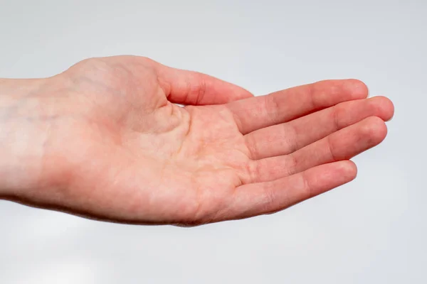 Palmera Mano Femenina Primer Plano Aislada Sobre Fondo Blanco Puede — Foto de Stock