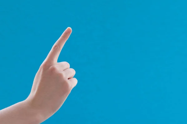 Caucasian White Female Hand Forefinger Raised Pointing Blue Background Copy — Stock Photo, Image