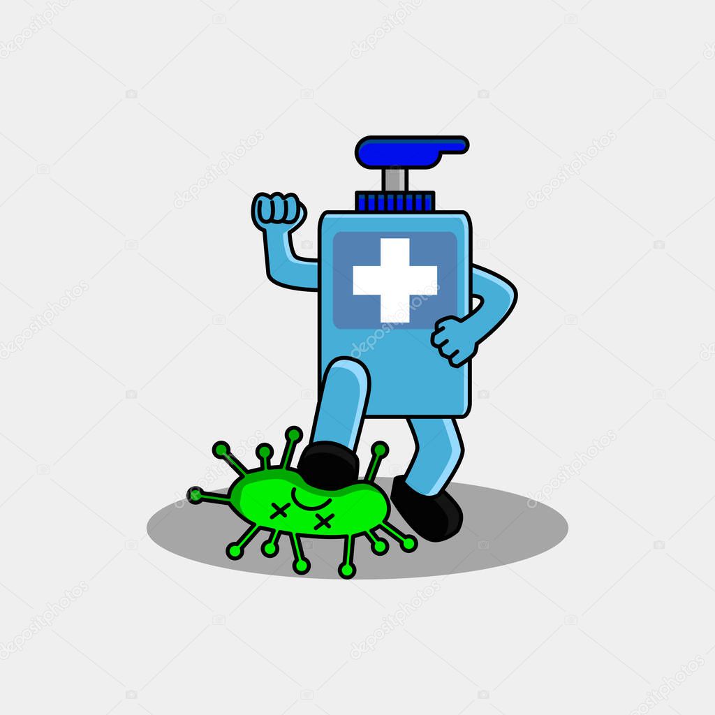 Hand sanitizer cartoon character against corona virus illustration vector