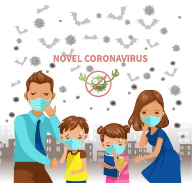 Yeni Coronavirus 2019. Wuhan salgını illüstrasyonunun temsilcisi. Corona virüsünü önlemek için ameliyat maskesi takan aileler. Olumsuz jestler ve duygular. İnsanların kaygısı..
