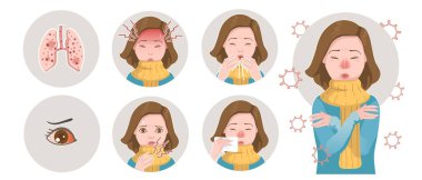 Corona virüsü ve koruyucu yüz maskesi takan insanlar. Soğuk algınlığı olan insanların kötü hisleri hastaların yayılması. Yeni Coronavirus 2019 ya da 2019-NCoV. Wuhan salgını illüstrasyonunun temsilcisi..