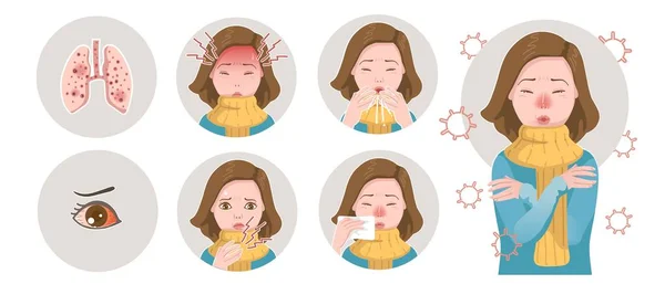 科罗纳病毒和戴防护面罩的人不舒服的感觉会使感冒患者扩散 新的Coronavirus 2019或2019 Ncov 武汉概念爆发的媒介说明 — 图库矢量图片