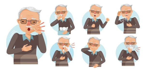 Hapşıran Öksüren Yaşlı Bir Adam Yaşlı Adam Grip Hastaları Yaşlılar — Stok Vektör