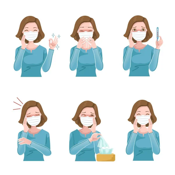 女の病気マスクセット 患者の症状 くしゃみ ムッとする鼻 インフルエンザの症状とCovid 19感染症 心配なジェスチャーで女性のギャグ ヘルスケアの概念 — ストックベクタ